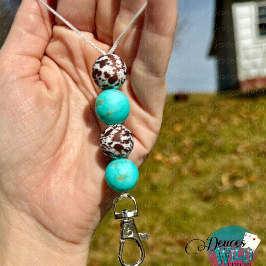 Cowhide Turquoise Beaded Car Freshie Hanger