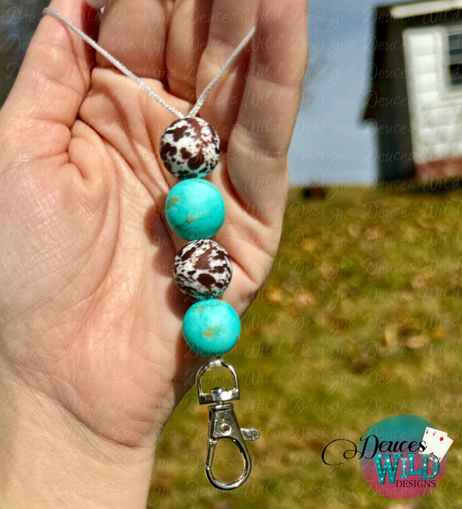 Cowhide Turquoise Beaded Car Freshie Hanger