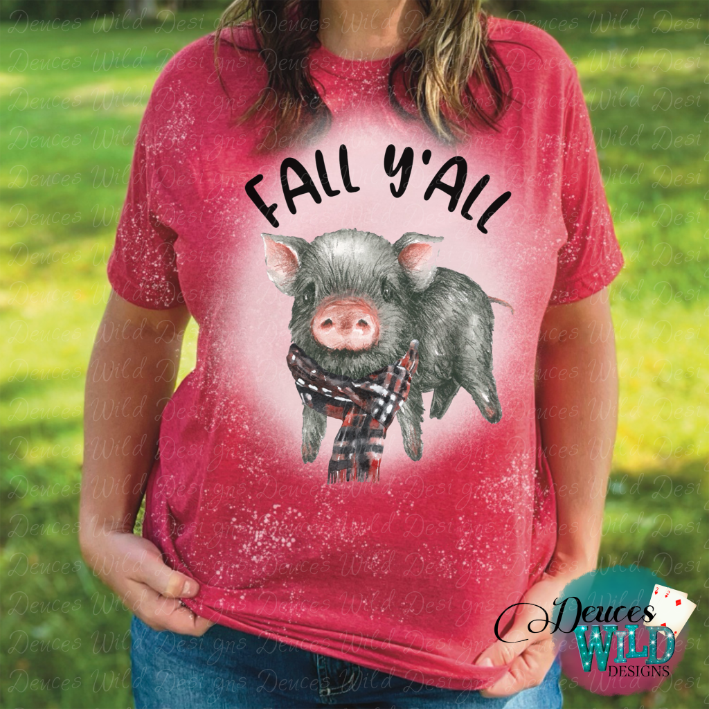 Fall Yall Pig- Red Bleached Tee (Crew Neck) Sub Graphic