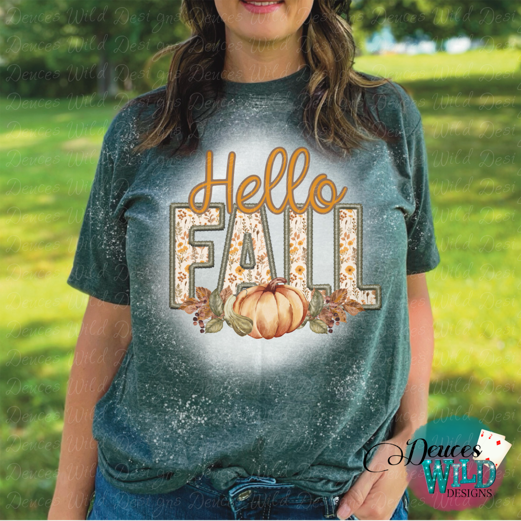 Hello Fall- Hunter Green Bleached Tee (Crew Neck) Sub Graphic