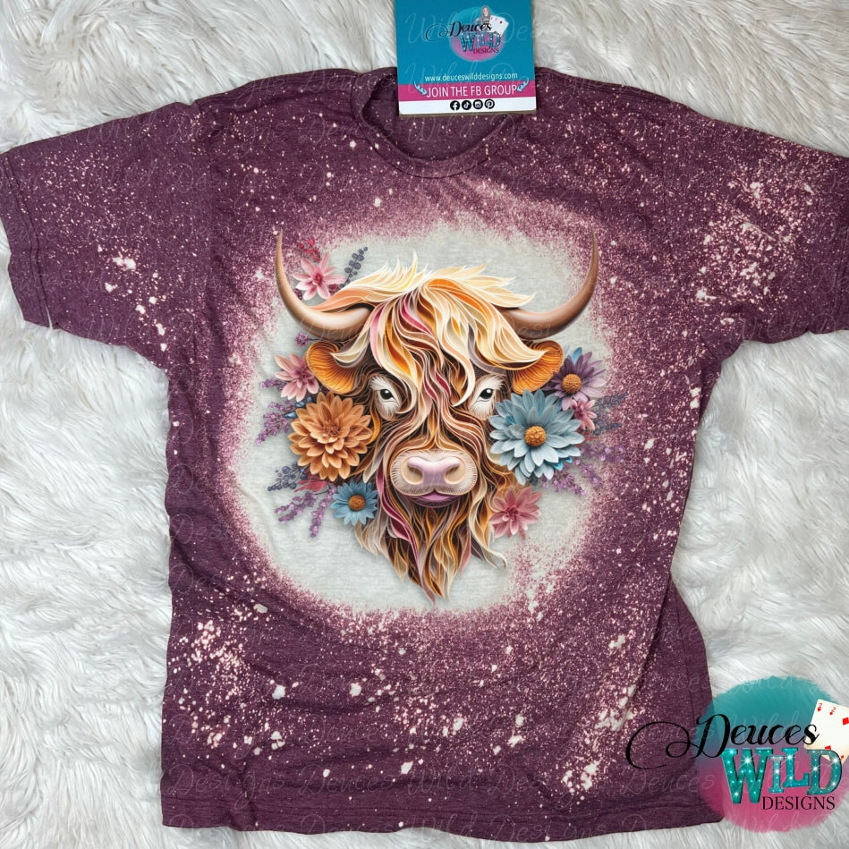 Highland Floral Cow 3D- Burgundy Bleached Tee (Crew Neck) Sub Graphic