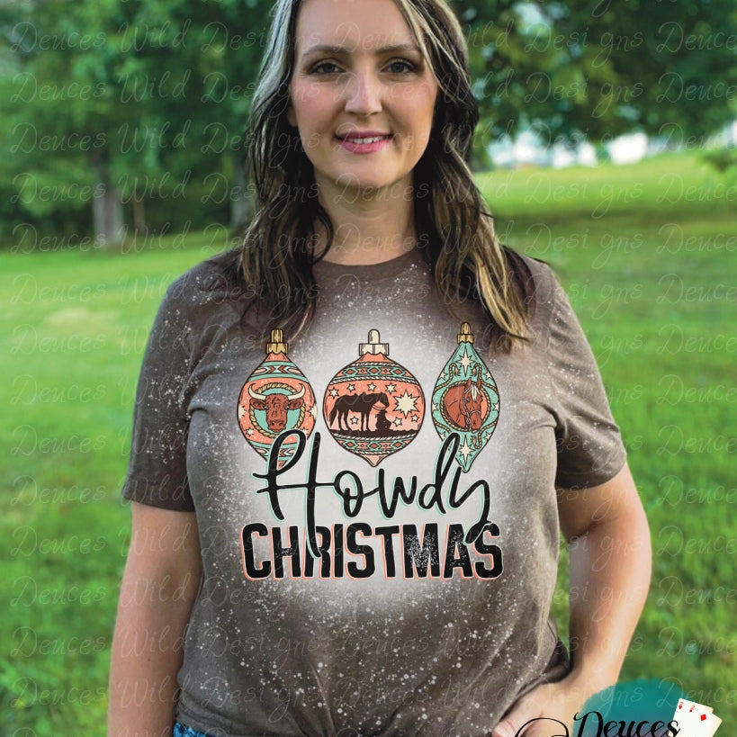 Howdy Christmas- Brown Bleached Tee (Crew Neck) Sub Graphic