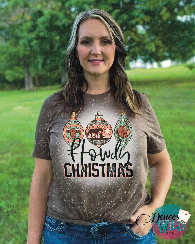 Howdy Christmas- Brown Bleached Tee (Crew Neck) Sub Graphic
