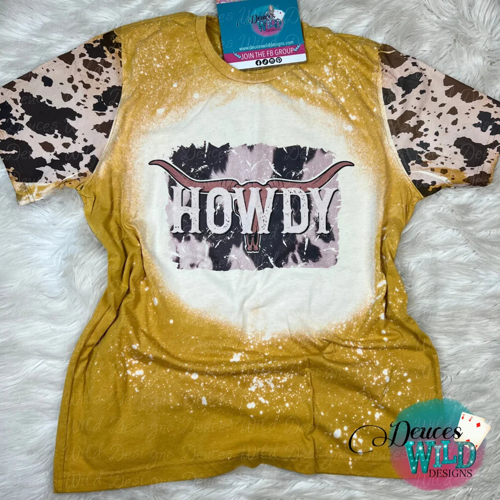 Howdy- Mustard Bleached Tee (Crew Neck) [With Cowhide Sleeve Designs] Sub Graphic