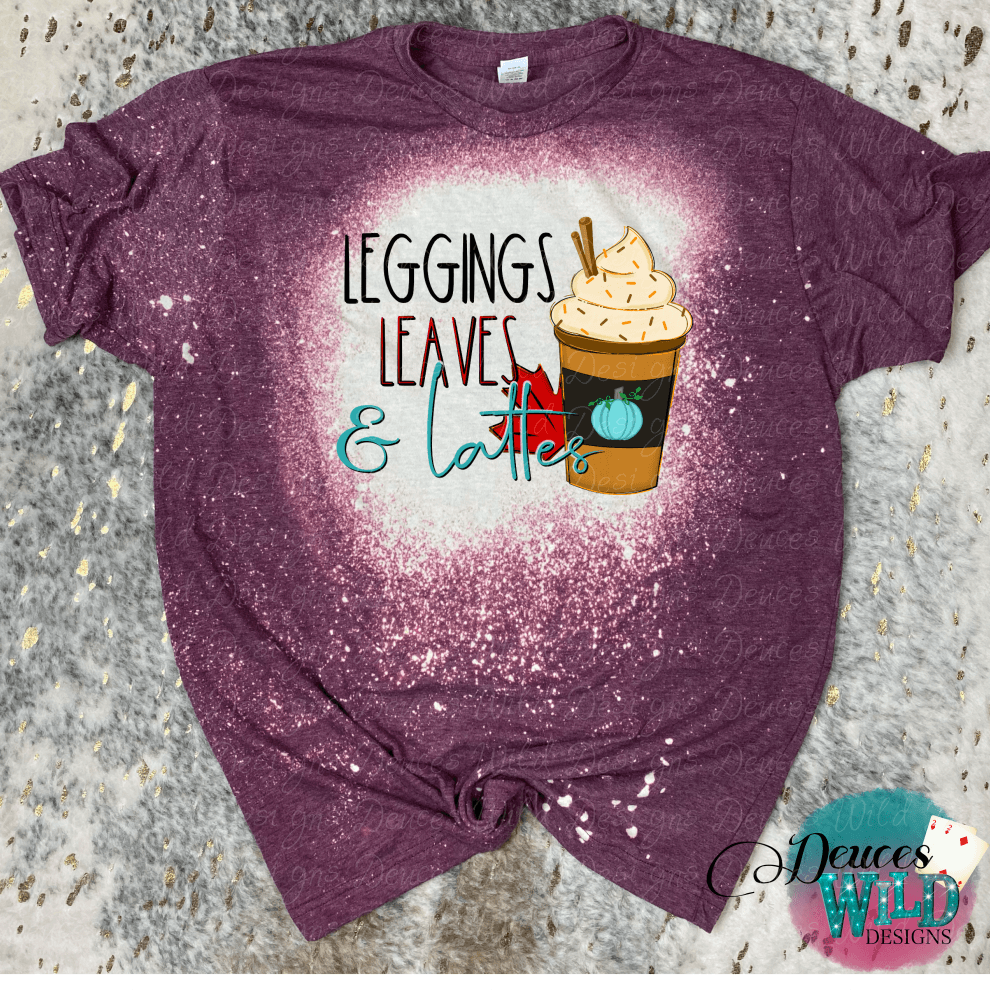 Leggings Leaves And Lattes -Burgundy Bleached Tee (Crew Neck) Sub Graphic