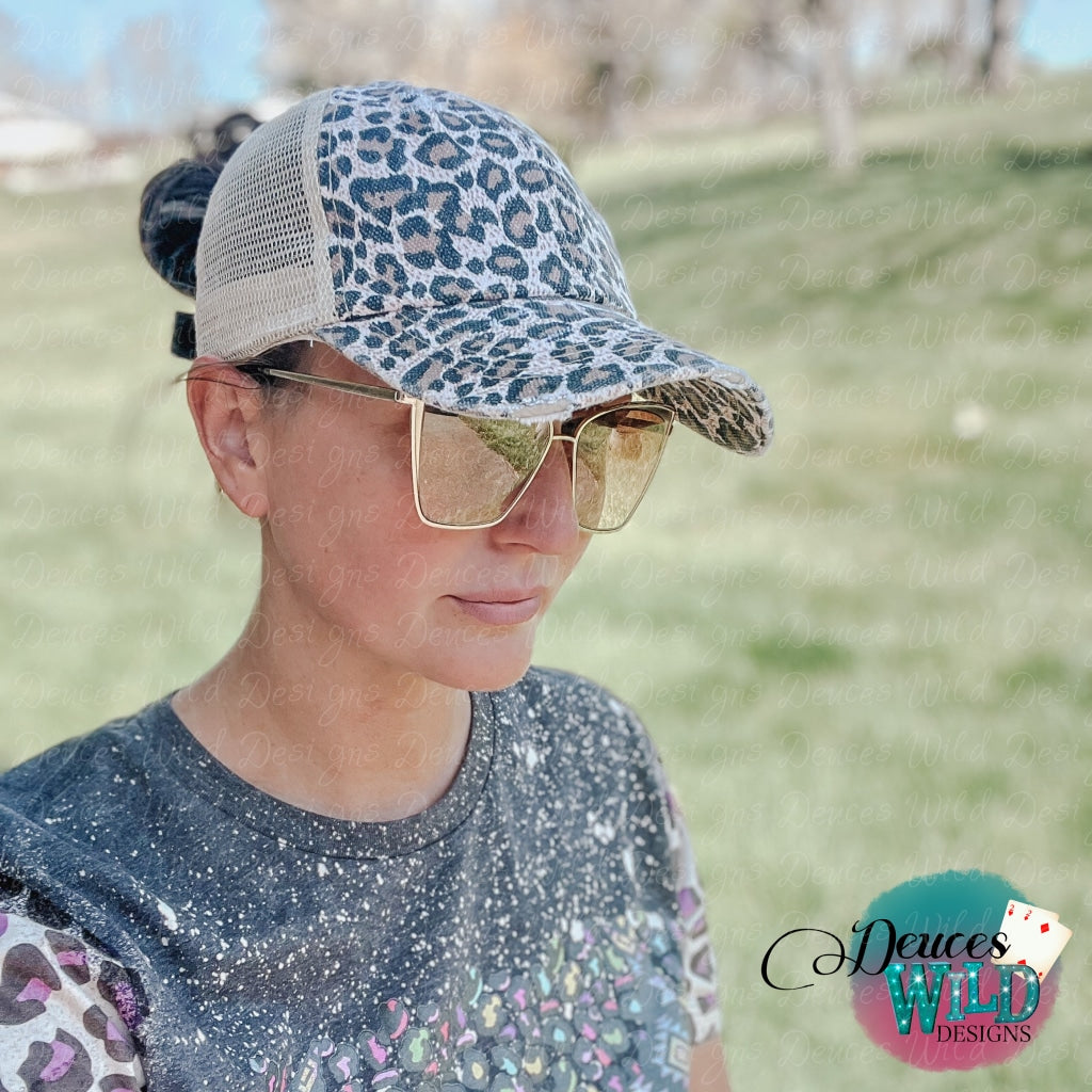 Leopard Mesh Cap - Criss Cross Hat Womens Baseball Distressed Ponytail Messy Bun