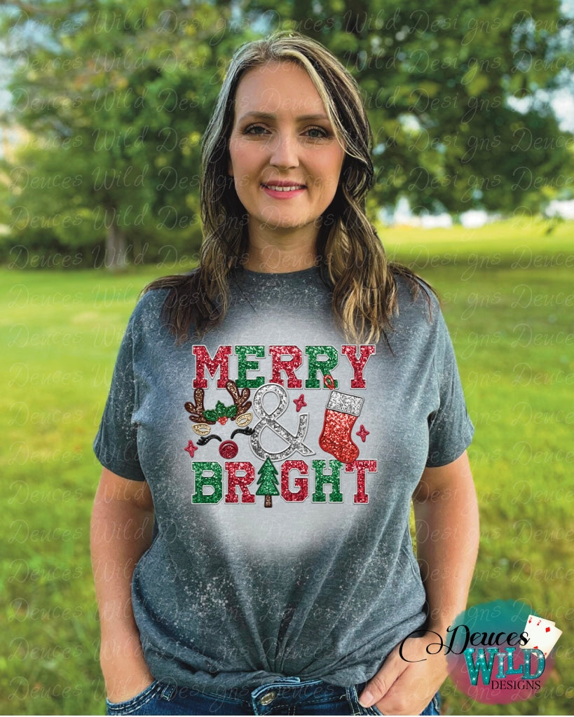 Merry & Bright- Hunter Green Bleached Tee (Crew Neck) Sub Graphic