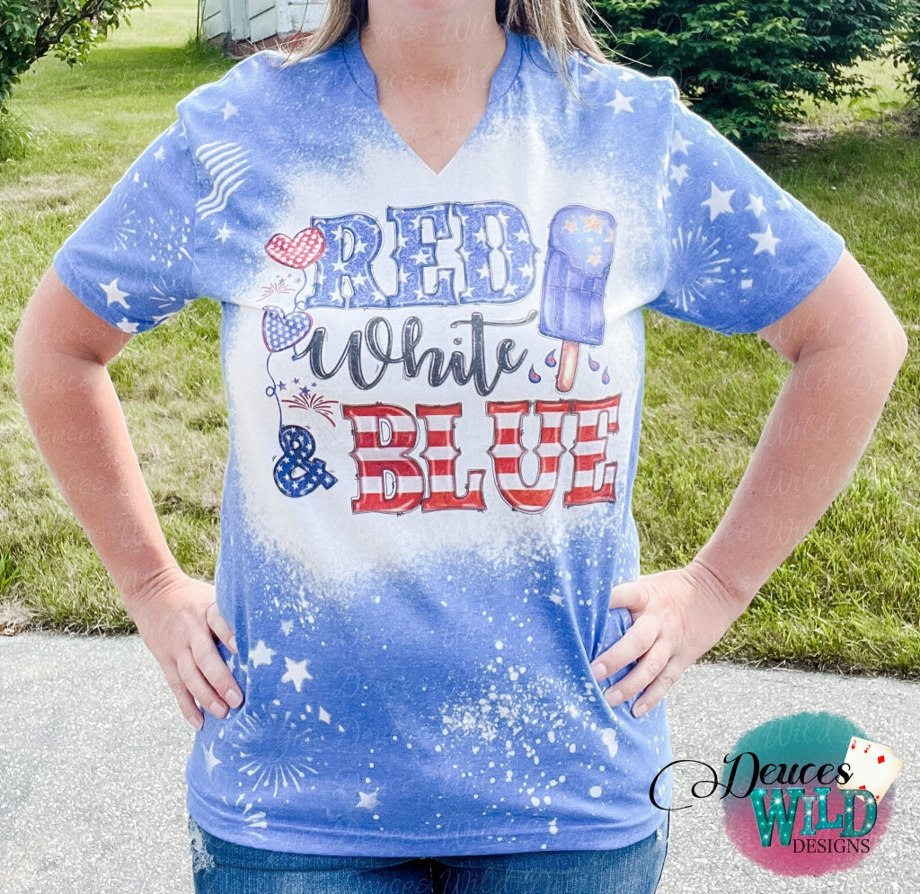 Red White & Blue -Light Royal Bleached Tee [With Raw Vslit Patriotic Mix Bleach] Sub Graphic