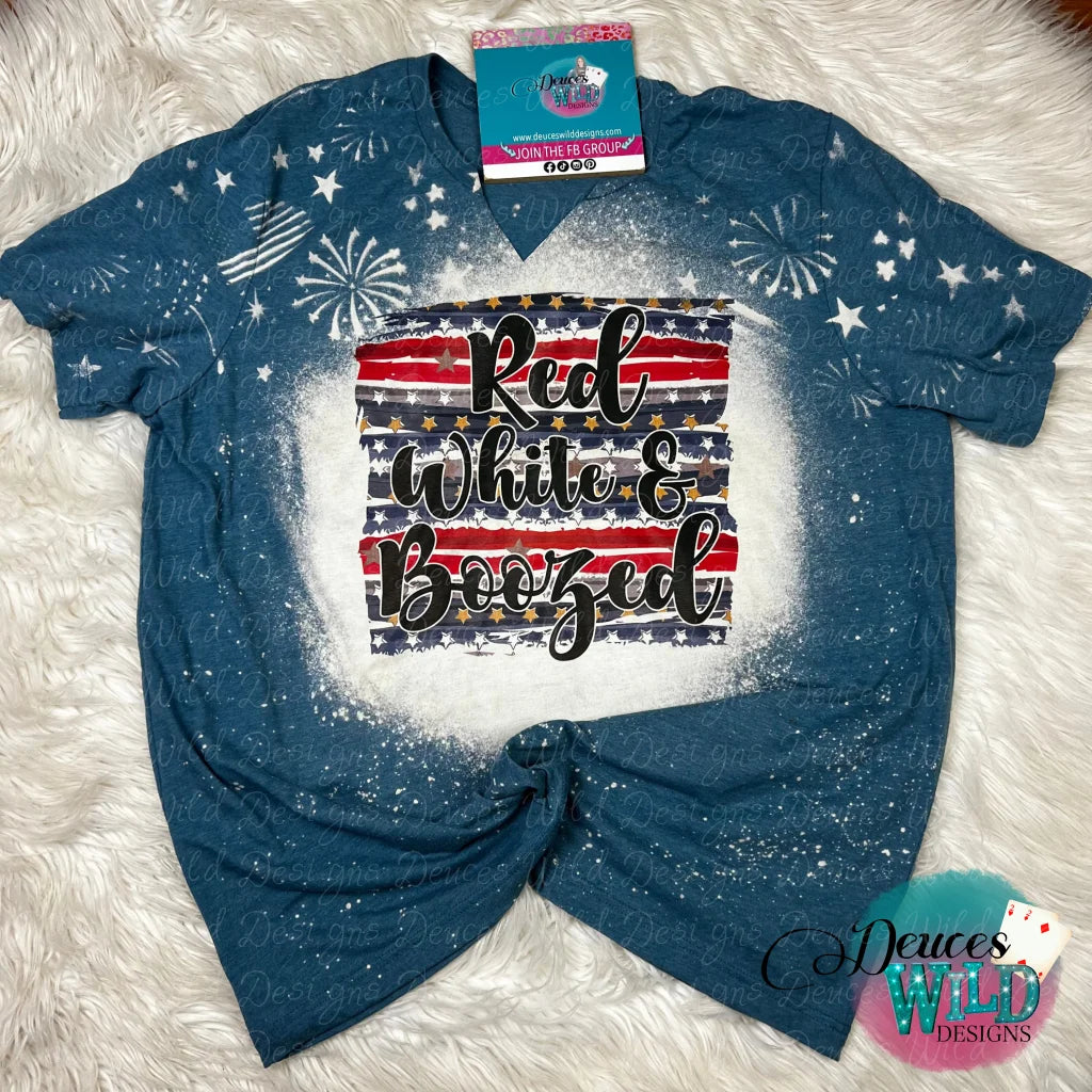 Red White & Boozed -Bleached Deep Teal Tee [With Vslit Raw Cut Patriotic Bleach] Sub Graphic
