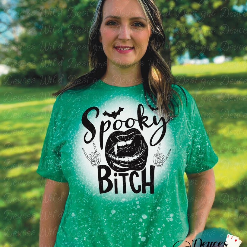 Spooky Bi*** - Green Bleached Tee (Crew Neck) Sub Graphic