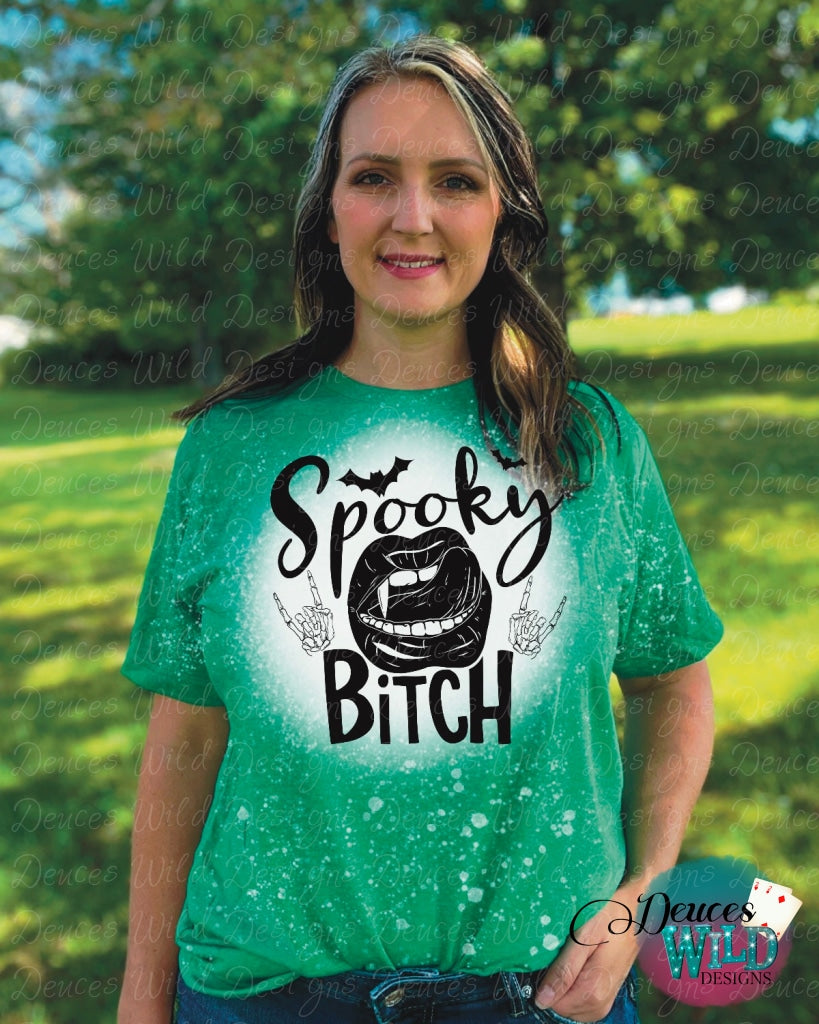 Spooky Bi*** - Green Bleached Tee (Crew Neck) Sub Graphic