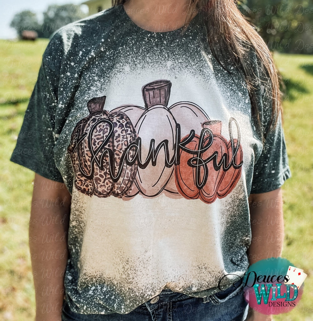 Thankful Hunter Green Bleached Tee Crew Neck Deuces Wild Designs