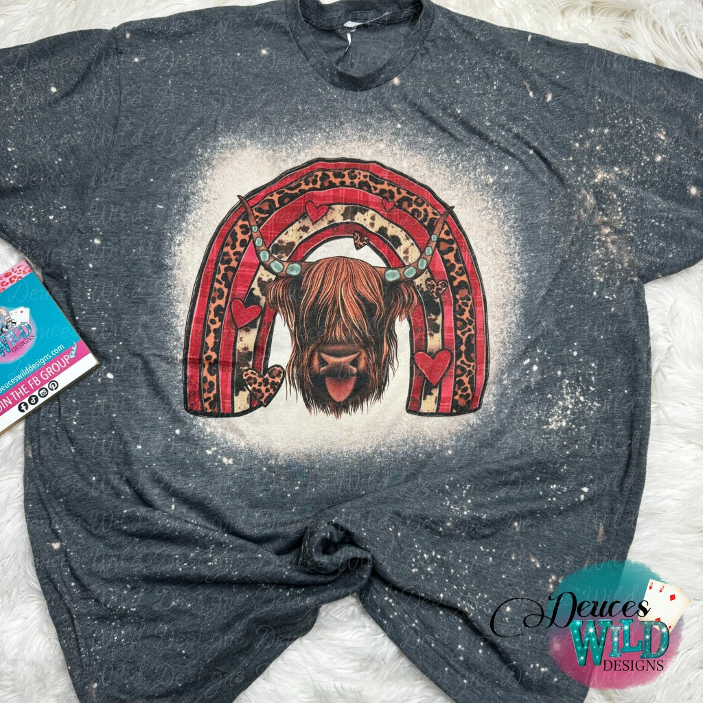 Valentine Highland Cow- Charcoal Bleached Tee (Crew Neck) Sub Graphic
