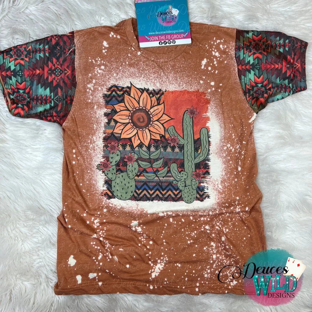 Western Cactus-Heather Autumn Bleached Tee (Crew Neck) [With Aztec Sleeve Designs] Sub Graphic