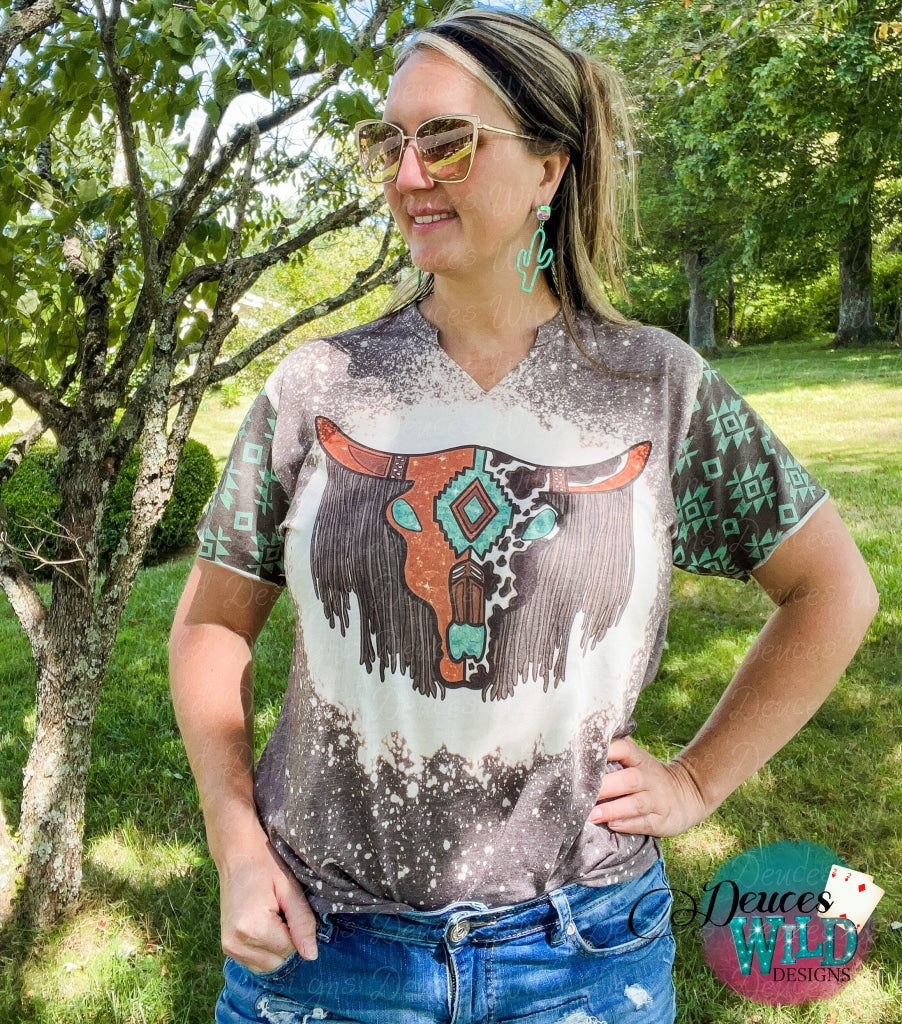 Western Fringe Cow Skull- Brown Bleached Tee [Raw Vslit & Sleeve Designs] Sub Graphic