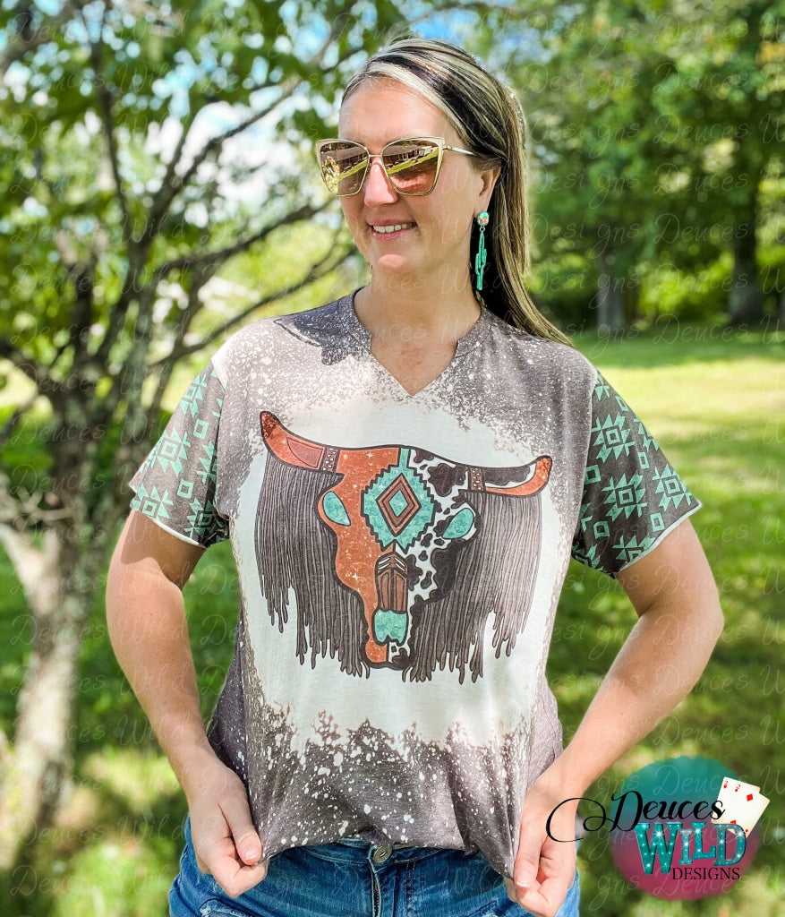 Western Fringe Cow Skull- Brown Bleached Tee [Raw Vslit & Sleeve Designs] Sub Graphic